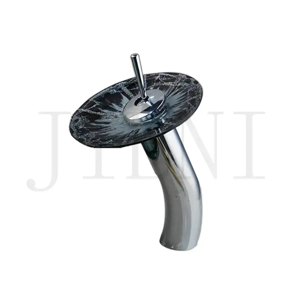 Chrome-finished rocker handle faucet with sleek curved spout and black spiderweb glass disc for decorbites glass bathroom sink