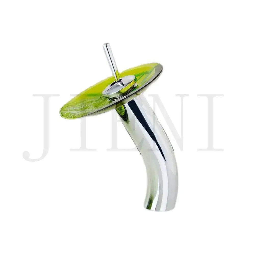 Blue glass bathroom sink with rocker handle faucet chrome finish featuring chrome waterfall spout and lime green glass disc decorbites glass bathroom