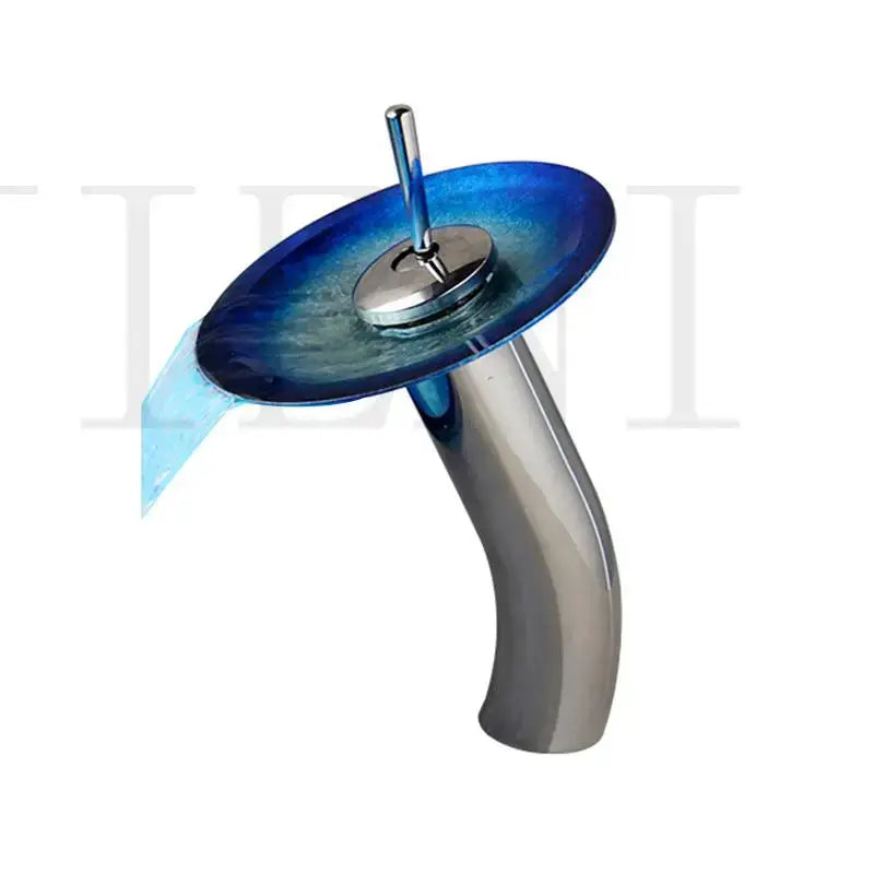 Blue glass bathroom sink with rocker handle faucet in chrome finish featuring a sleek glass waterfall spout decorbites glass bathroom
