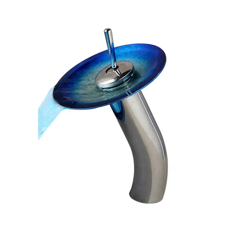 Blue glass bathroom sink with decorbites glass bathroom rocker handle faucet in chrome finish and curved spout