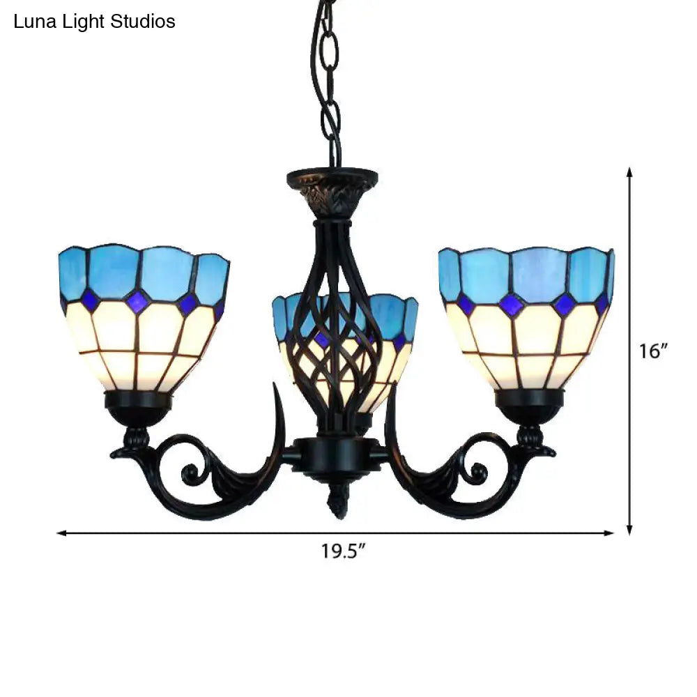 Lámpara colgante de cristal azul con diseño de rejilla y cadena metálica para dormitorio