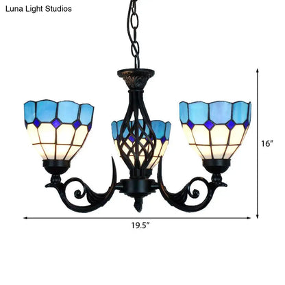 Lámpara colgante de cristal azul con diseño de rejilla y cadena metálica para dormitorio