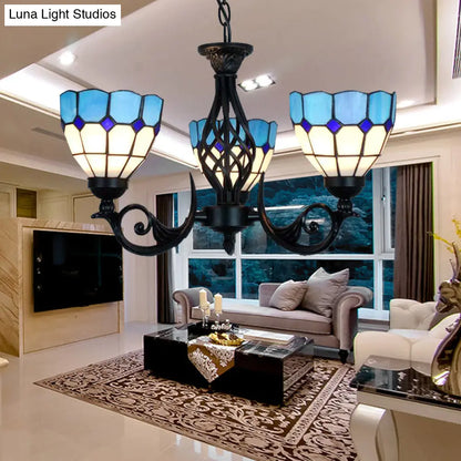 Lámpara colgante de cristal azul con diseño de rejilla y cadena metálica para dormitorio