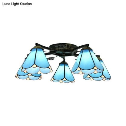 Blue Glass Cone Ceiling Light - Tiffany Style Semi Flush Light with Flower Design - Ideal for Living Room - 5/3 Lights