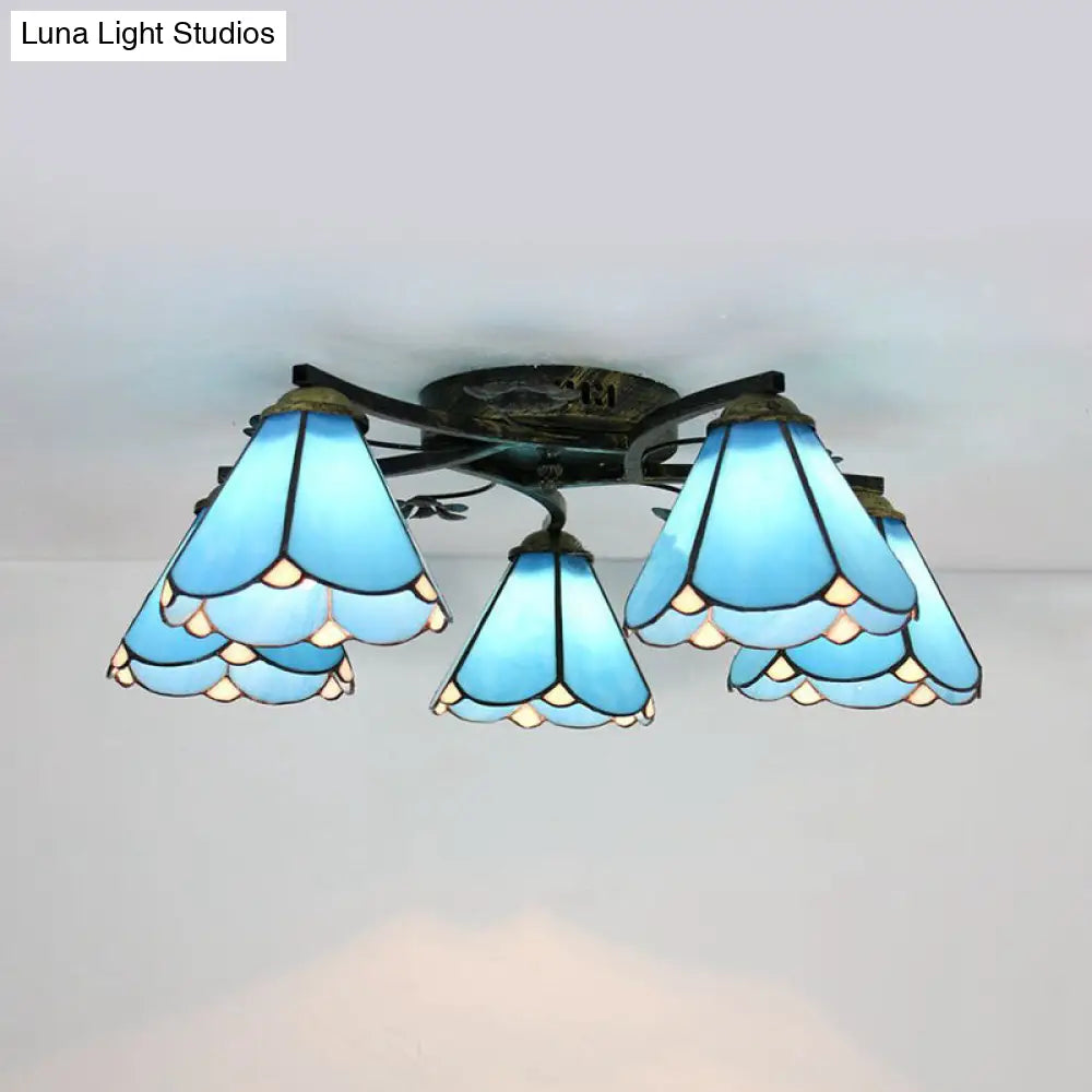 Blue Glass Cone Ceiling Light - Tiffany Style Semi Flush Light with Flower Design - Ideal for Living Room - 5/3 Lights