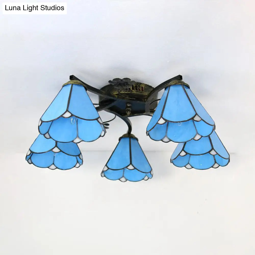 Blue Glass Cone Ceiling Light - Tiffany Style Semi Flush Light with Flower Design - Ideal for Living Room - 5/3 Lights