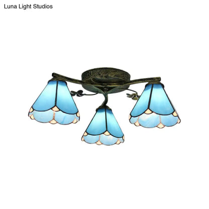 Blue Glass Cone Ceiling Light - Tiffany Style Semi Flush Light with Flower Design - Ideal for Living Room - 5/3 Lights