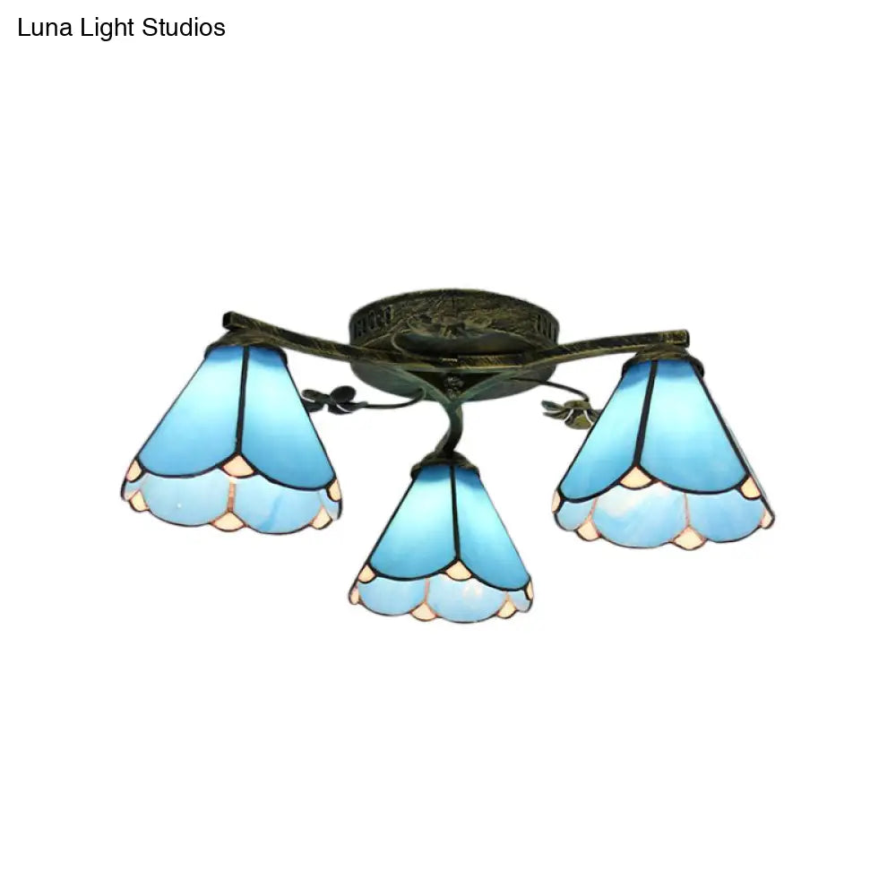 Blue Glass Cone Ceiling Light - Tiffany Style Semi Flush Light with Flower Design - Ideal for Living Room - 5/3 Lights