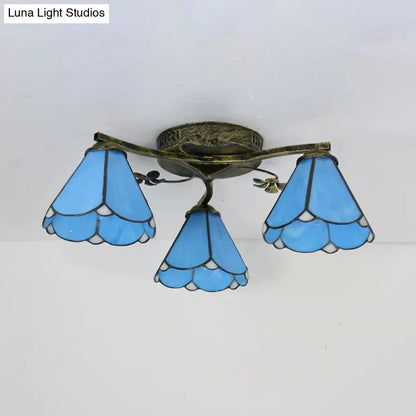 Blue Glass Cone Ceiling Light - Tiffany Style Semi Flush Light with Flower Design - Ideal for Living Room - 5/3 Lights