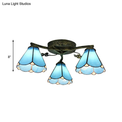 Blue Glass Cone Ceiling Light - Tiffany Style Semi Flush Light with Flower Design - Ideal for Living Room - 5/3 Lights