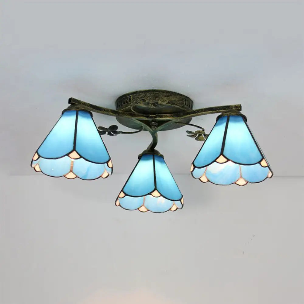 Blue Glass Cone Ceiling Light - Tiffany Style Semi Flush Light with Flower Design - Ideal for Living Room - 5/3 Lights