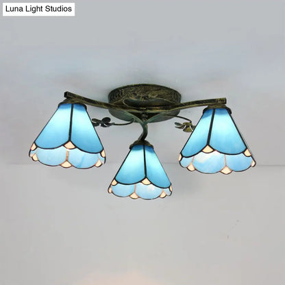 Blue Glass Cone Ceiling Light - Tiffany Style Semi Flush Light with Flower Design - Ideal for Living Room - 5/3 Lights