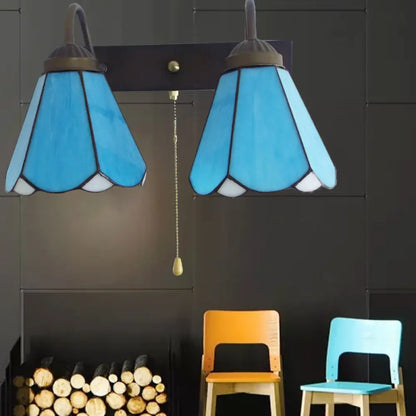 Aplique de pared cónico de cristal azul - Estilo mediterráneo, aplique negro de 2 luces con interruptor de cadena