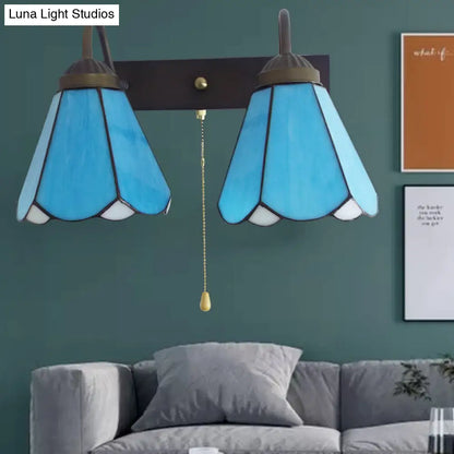 Aplique de pared cónico de cristal azul - Estilo mediterráneo, aplique negro de 2 luces con interruptor de cadena
