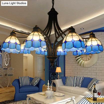 Blue Glass Dome Chandelier: Mediterranean Style Pendant Lighting for Dining Table - 8 Lights