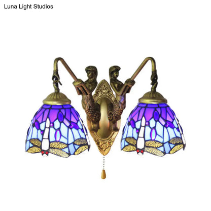 Blue Glass Dragonfly Tiffany Wall Lamp with Pull Chain - 2-Headed Brass Sconce Light