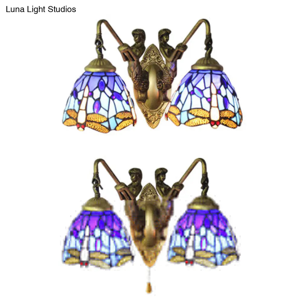Blue Glass Dragonfly Tiffany Wall Lamp with Pull Chain - 2-Headed Brass Sconce Light