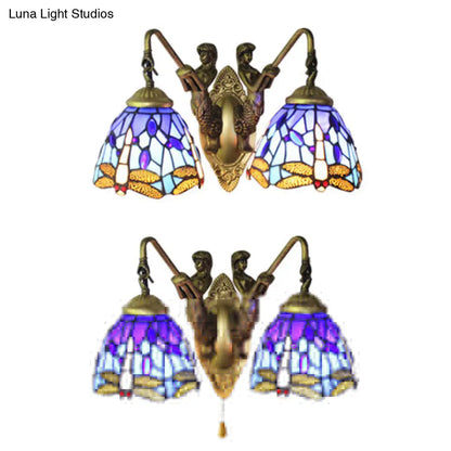 Blue Glass Dragonfly Tiffany Wall Lamp with Pull Chain - 2-Headed Brass Sconce Light