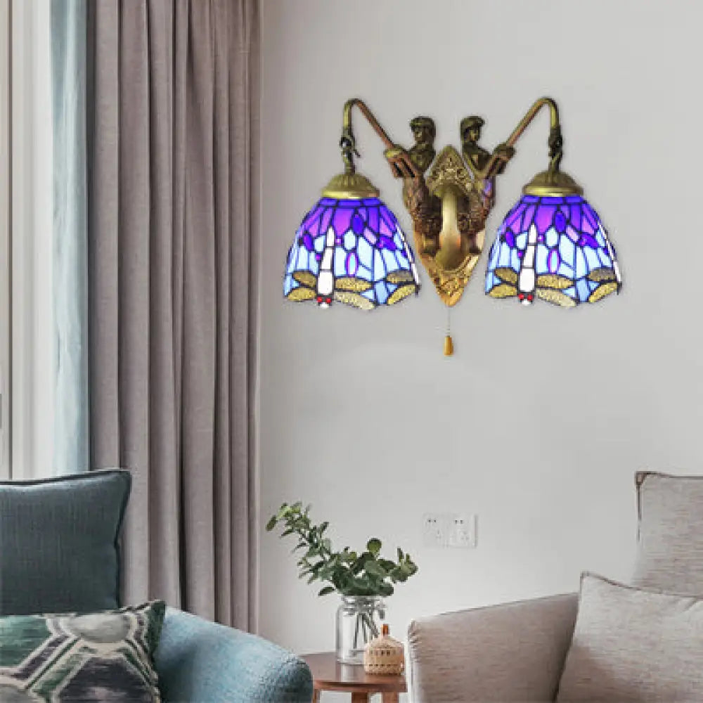 Blue Glass Dragonfly Tiffany Wall Lamp with Pull Chain - 2-Headed Brass Sconce Light
