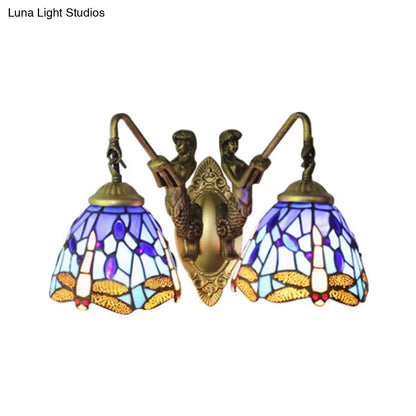 Blue Glass Dragonfly Tiffany Wall Lamp with Pull Chain - 2-Headed Brass Sconce Light