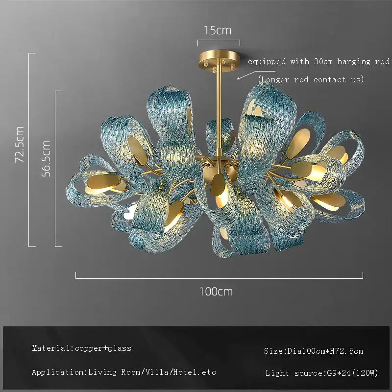 Blue glass flower ceiling chandelier with copper accents and modern sculptural design for dining room decorbites blue glass