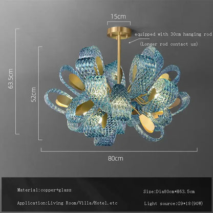 Blue glass flower ceiling chandelier with copper finish and intricate design for dining room decorbites blue glass decor