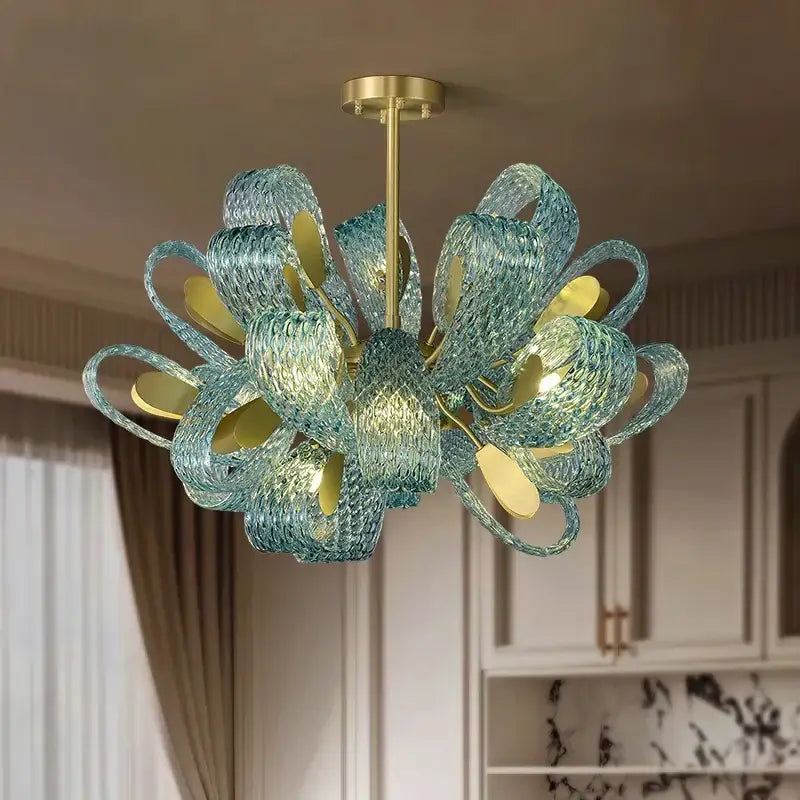 Blue glass flower ceiling chandelier with delicate light blue glass and gold-toned stem for dining room decorbites blue glass