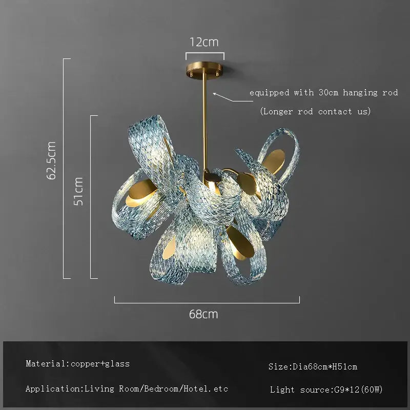 Blue glass flower ceiling chandelier with sculptural intertwined glass ribbons in translucent blue and gold accents for dining room