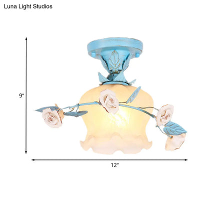 DecorBites™ DecorBites™ Blue Glass Korean Garden Flush Light with Blossom Design - Semi-Mounted, Single Bulb Entry Fixture