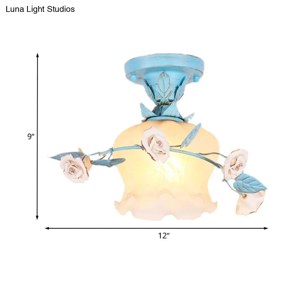 DecorBites™ DecorBites™ Blue Glass Korean Garden Flush Light with Blossom Design - Semi-Mounted, Single Bulb Entry Fixture