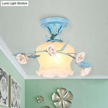 DecorBites™ DecorBites™ Blue Glass Korean Garden Flush Light with Blossom Design - Semi-Mounted, Single Bulb Entry Fixture