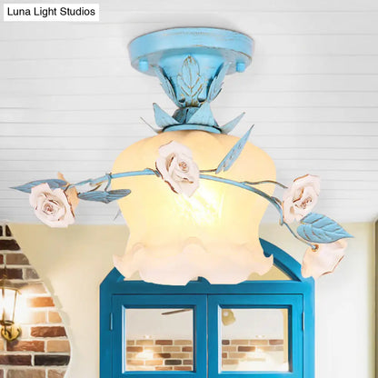 DecorBites™ DecorBites™ Blue Glass Korean Garden Flush Light with Blossom Design - Semi-Mounted, Single Bulb Entry Fixture