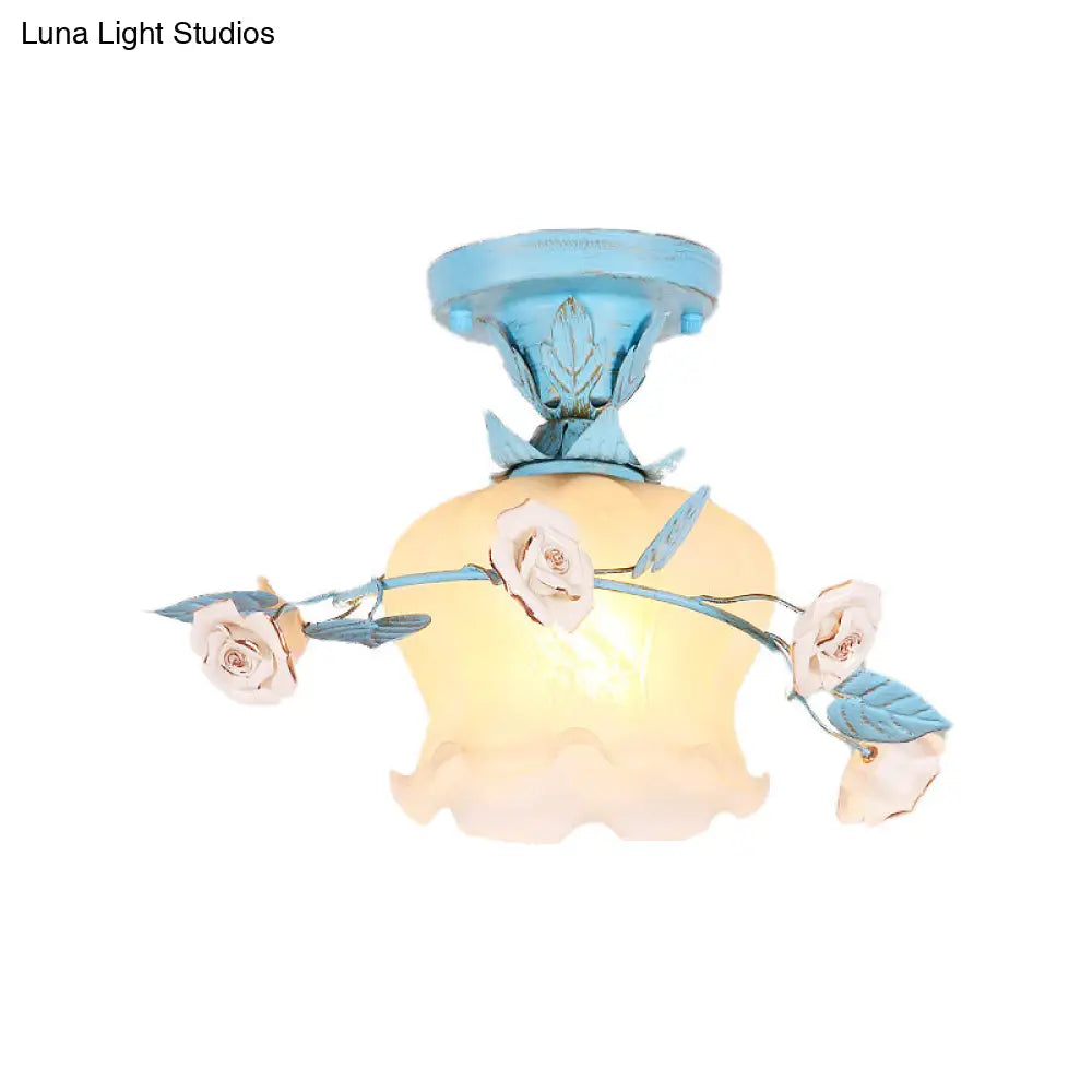 DecorBites™ DecorBites™ Blue Glass Korean Garden Flush Light with Blossom Design - Semi-Mounted, Single Bulb Entry Fixture