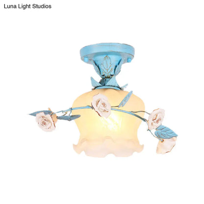 DecorBites™ DecorBites™ Blue Glass Korean Garden Flush Light with Blossom Design - Semi-Mounted, Single Bulb Entry Fixture
