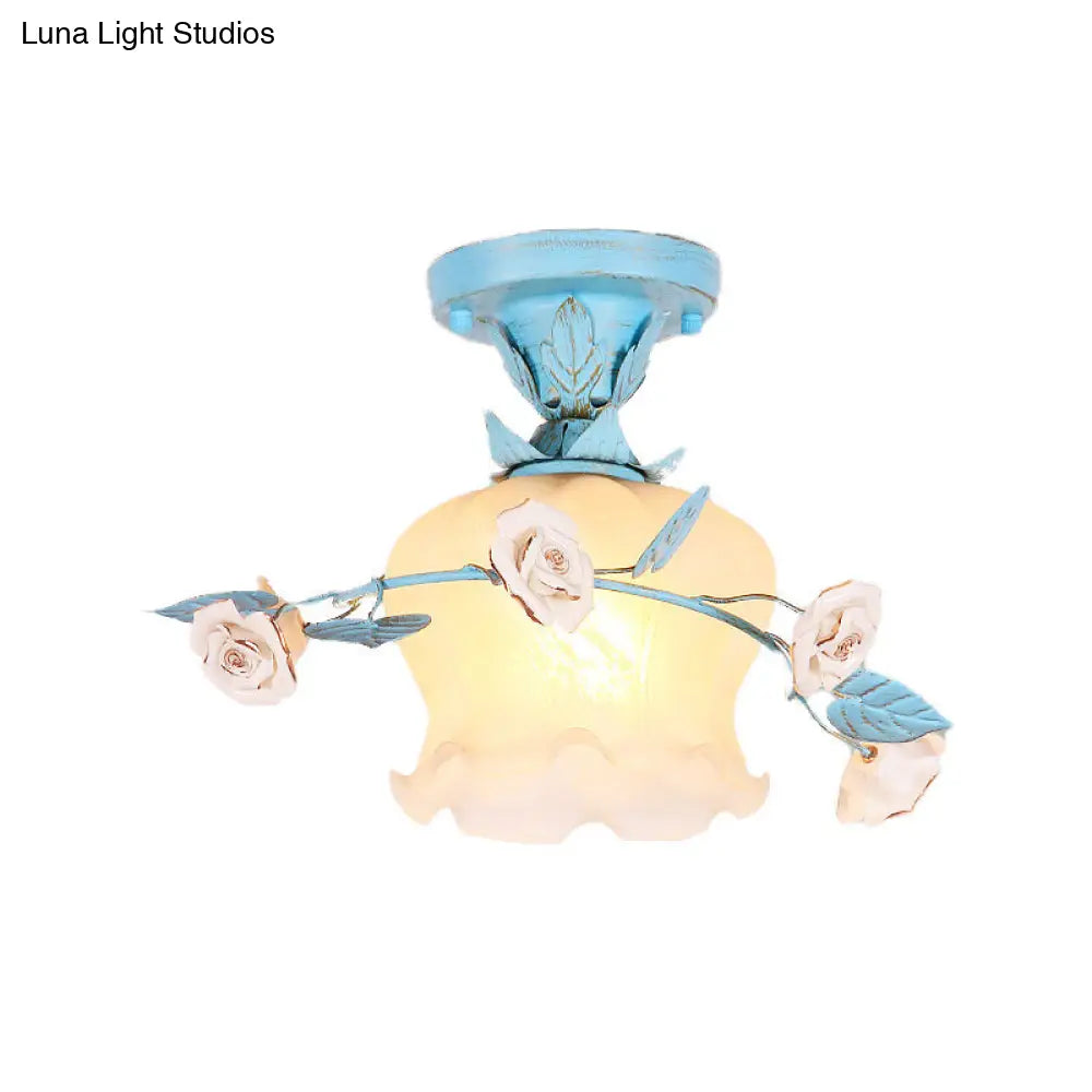 DecorBites™ DecorBites™ Blue Glass Korean Garden Flush Light with Blossom Design - Semi-Mounted, Single Bulb Entry Fixture