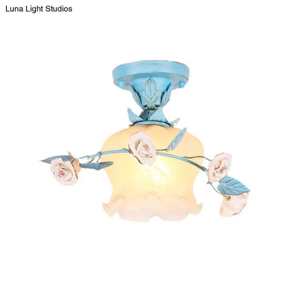 DecorBites™ DecorBites™ Blue Glass Korean Garden Flush Light with Blossom Design - Semi-Mounted, Single Bulb Entry Fixture