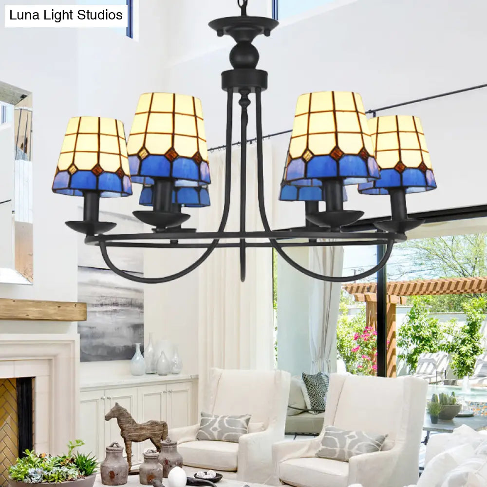 Lámpara de araña de cristal azul con celosía y 4/6/8 luces colgantes: perfecta para villas u hoteles.