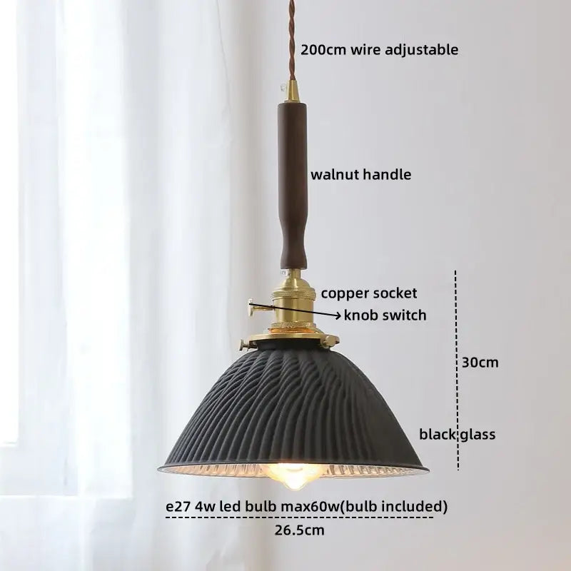 Black ribbed glass pendant lamp with walnut handle and brass copper socket for decorbites blue glass led lighting