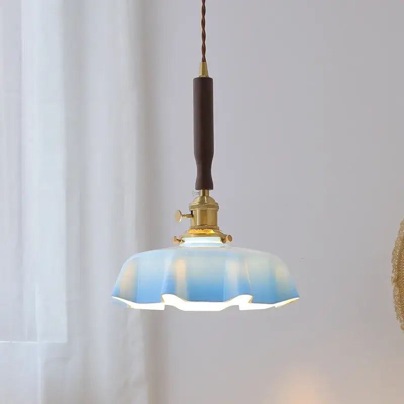 Blue glass led pendant lamp with brass fixture and dark wooden handle for dining room decorbites blue glass pendant lamp