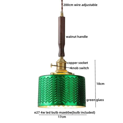 Green glass pendant lamp with walnut handle and copper socket for dining room decorbites blue glass led lighting