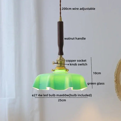 Vintage-style pendant lamp with green glass shade walnut handle and copper socket decorbites blue glass led lighting