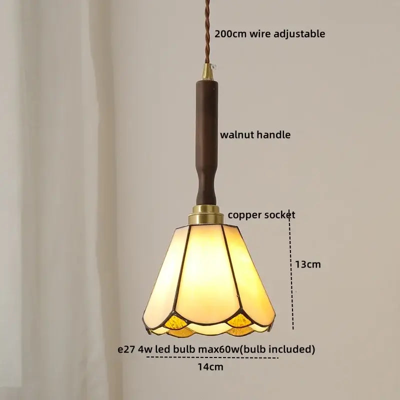 A warm-toned stained glass pendant lamp with walnut handle and copper socket for decorbites blue glass led lighting