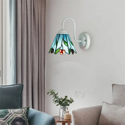 Aplique de pared Tiffany con forma de lirio de cristal azul: Iluminación de aplique blanco para sala de estar