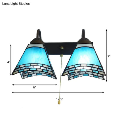 Blue Glass Mediterranean Wall Sconce with Dual Heads and Pull Chain Switch