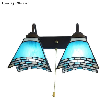 Blue Glass Mediterranean Wall Sconce with Dual Heads and Pull Chain Switch