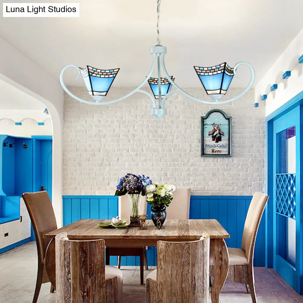 Lámpara colgante náutica de cristal azul - 3 luces - Estilo piramidal - Perfecta para el comedor