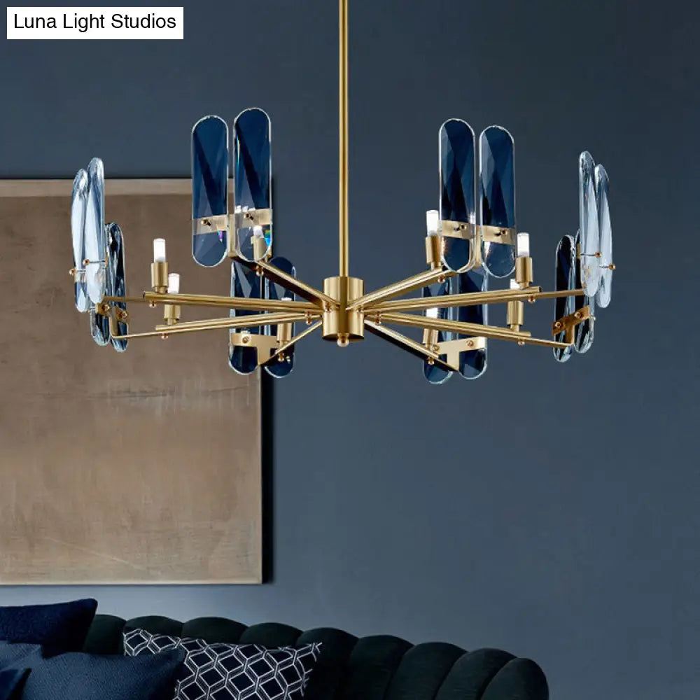 Lámpara de techo ovalada de cristal azul: Lámpara de araña LED posmoderna de latón con diseño radial