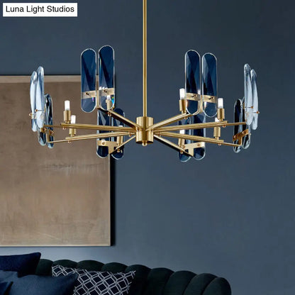 Lámpara de techo ovalada de cristal azul: Lámpara de araña LED posmoderna de latón con diseño radial