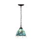 Blue Glass Pendant Lamp with Beaded Trim - Mission Bell Hanging Pendant Light