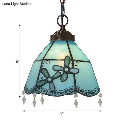 Blue Glass Pendant Lamp with Beaded Trim - Mission Bell Hanging Pendant Light